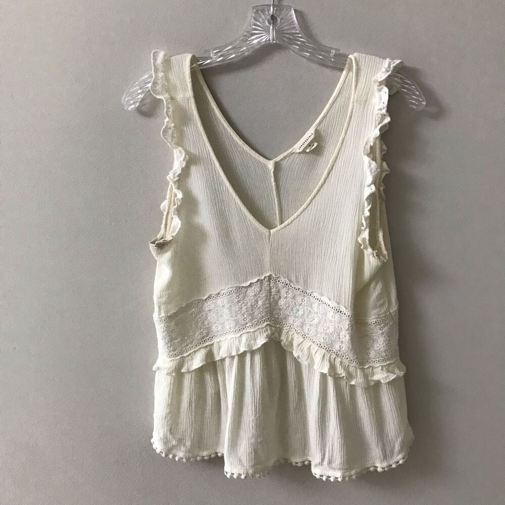 Aeropostale Womens Boho Top Ivory Sleeveless Lace Ruffles Pom Pom Trim Juniors S